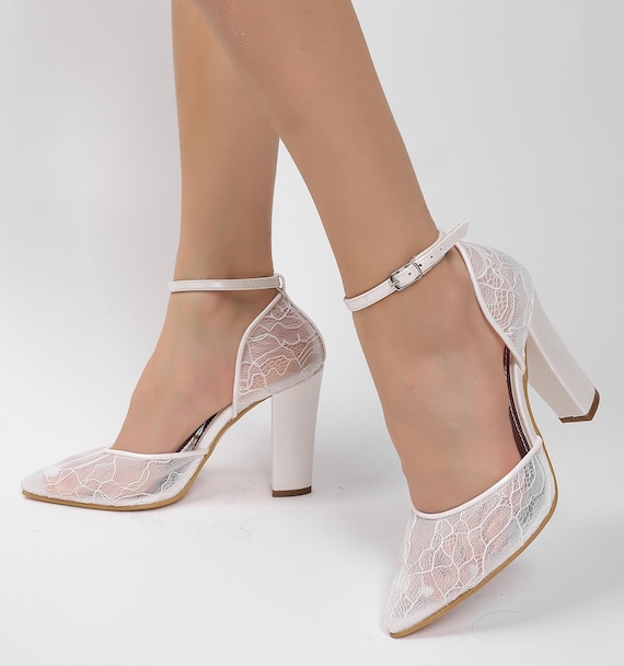 White Lace Block Heel Bridal Shoes: Pointed Toe Wedding Heels
