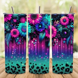 Sunflower Leopard Tumbler Wrap: Glitter Floral Design (Digital Download)