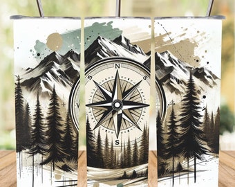 Mountain Compass Tumbler Wrap: Nature Sublimation Design (Digital Download PNG)