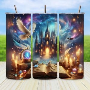 Magischer Zauberer Schloss Tumbler Wrap PNG, 20 Unzen Skinny Tumbler Sublimationsdesign für Fantasy Buch Liebhaber Geschenk, digitaler Download