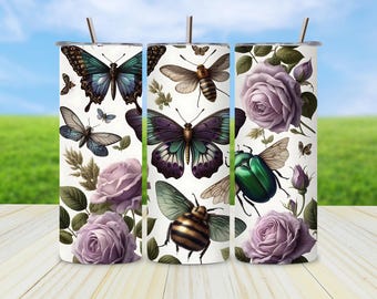 Butterfly Tumbler Wrap PNG: Vintage Moth & Roses Sublimation Design (Digital Download)