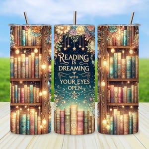 Bookish Tumbler Wrap Design, Lesen ist Träumen Sublimation PNG, Reihe der Bücher Skinny Tumbler, Digital Download Tumbler Wrap Vorlage