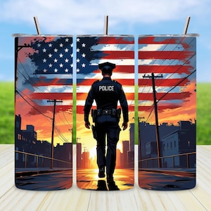 Police Officer Tumbler Wrap PNG, 20 oz Skinny Thin Blue Line Sublimation Design for Law Enforcement Gift, Digital Download for Policemen