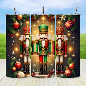 May include: Three nutcracker figurines with red, green, and gold accents stand in front of a dark background with Christmas ornaments and snowflakes. The nutcrackers are wearing traditional costumes and have a festive look.