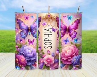 Bicchiere con farfalla e pietre preziose floreali in formato PNG: design sottile da 20 once per sublimazione (download digitale)