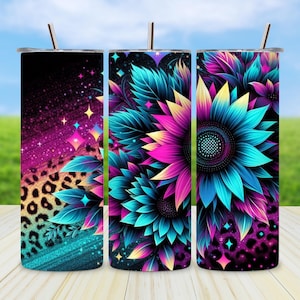 Sunflower Leopard 20oz Tumbler Wrap: Glitter Seamless Design (PNG Digital Download)