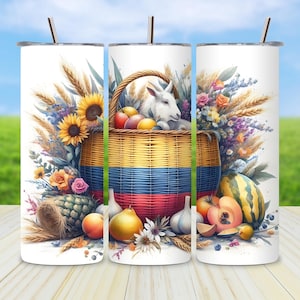 Colombian Flag Tumbler Wrap: Fruits, Flowers, Donkey (PNG Digital Download 20oz Skinny Tumbler Design)