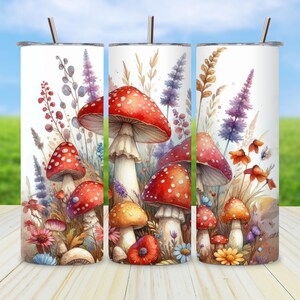 Mushroom Tumbler Wrap: Watercolor Wildflower 20oz Sublimation Design (Digital Download)