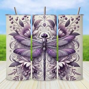 Vintage Dragonfly Tumbler Wrap, Floral Skinny Tumbler Design PNG, 20oz Sublimation Wrap, Grey Seamless Digital Download, Nature Art