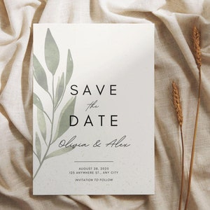 Editable Save the date Template | Wedding Invitation | Digital card | Announcement | Minimalistic design | Watercolor | Olive branch