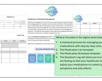 May include: Digital download of medication management templates. Includes a medication list, schedule, and symptom log. The documents provide a standard process for managing medications with step-by-step instructions.