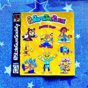 May include: A yellow sticker sheet featuring cartoon characters from "PaRappa the Rapper" with the text "Sticker Sheet". The sheet includes various colorful characters and the text "@StaleGumSociety" and "Insta E".