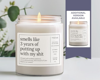 Funny 3rd Anniversary Gift for Wife, 3 Year Anniversary Candle for Boyfriend, Third Wedding Anniversary, Husband Girlfriend, Leather Present