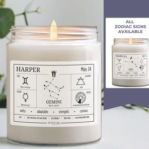 Regalos personalizados para Géminis, regalo personalizado con el signo del zodíaco y la fecha de nacimiento para ella, vela con el mes de nacimiento, regalo astrológico para Géminis, carta natal de cumpleaños para esposa