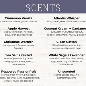 Op de afbeelding: Een wit bord met een lijst van kaarsgeuren, waaronder Kaneel Vanille, Appelhoest, Kerstwarmte, Zeezout + Orchidee, Geperste Passievrucht, Atlantis Whisper, Kokosroom + Kardemom, Schoon Katoen, Witte Salie + Lavendel en Ongeparfumeerd.