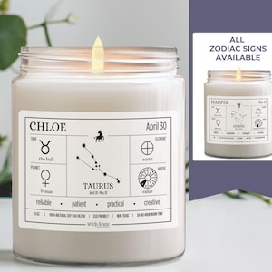 Regalos personalizados de Tauro, regalo personalizado con el signo del zodíaco y la fecha de nacimiento para ella, vela con el mes de nacimiento, regalo astrológico de Tauro, carta natal de cumpleaños para esposa