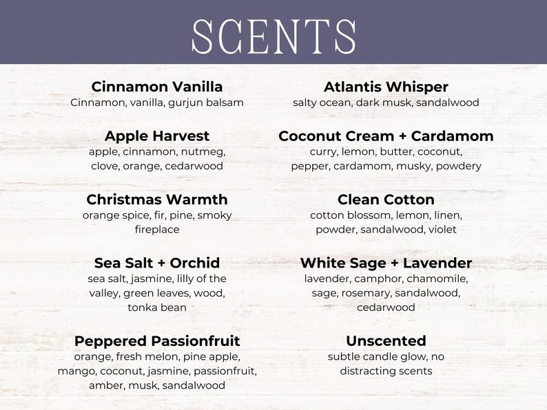 May include: A white board with a list of candle scents, including Cinnamon Vanilla, Apple Harvest, Christmas Warmth, Sea Salt + Orchid, Peppered Passionfruit, Atlantis Whisper, Coconut Cream + Cardamom, Clean Cotton, White Sage + Lavender, and Unscented.