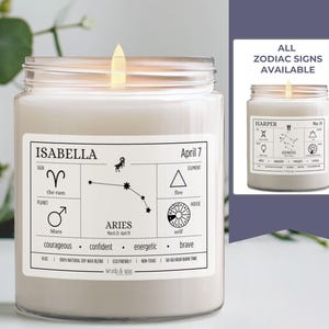 Regalos personalizados de Aries, regalo personalizado con el signo del zodíaco y la fecha de nacimiento para ella, vela con el mes de nacimiento, regalo astrológico de Aries, carta natal de cumpleaños para esposa
