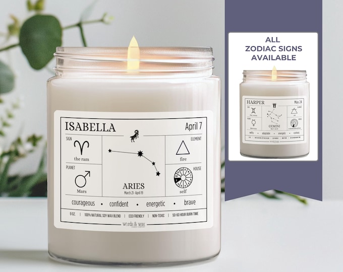 Custom Aries Gifts, Personalized Birthdate Zodiac Sign Gift for Her, Birth Month Candle, Aries Astrology Gift, Birthday Birth Chart for Wife
