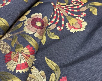 Fabric By The Yard Navy Blue Jacquard Sophisticated Botanical And Bird Pattern