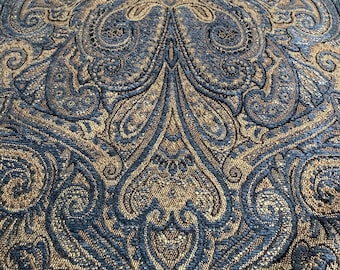 Fabric By The Yard Navy Blue Baroque Victorian Paisley Damask Upholstry Tapestry Heavy