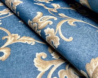 Vintage Transprint USA Fabric by the Yard, Country Blue and Tan Floral Scroll Print, Poly Cotton Blend Drapery Home Decor 55”