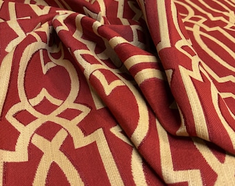 Fabric Remnant Over 1 Yard Jacquard Red And Gold Geometric Pattern Woven