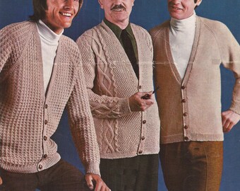 PDF Knitting Pattern Vintage Mens Patterned Cardigans 3 Designs Sizes 38-46" (GAL)