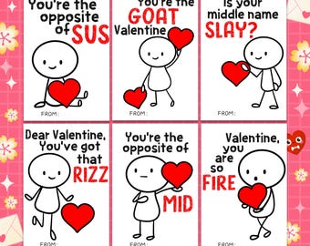Slang Kids Valentines Day Cards - Funny Printable Tween Teen Valentines, Skibidi, Sus, Sigma, Classroom Valentines, Stickman Slang Valentine
