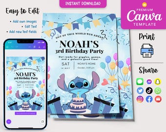 Lilo and Stitch Kids Birthday Invite, Editable Template, Printable Card, Digital Download, Instant Stitch Party Invitation, Girls and Boys
