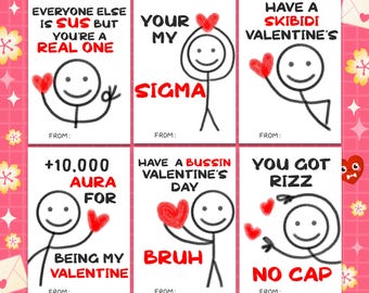 Funny Printable Tween & Teen School Valentines, Slang Kids Valentines Day Cards, Skibidi, Sus, Sigma, Gen Z Cards, Stickman Slang Valentine