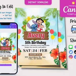 Digital Lilo and Stitch Invitation, Editable Birthday Invite, Stitch Party, Instant Download, Kids Card, Printable Template, Disney theme