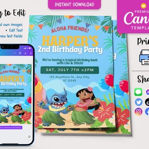 Printable Lilo and Stitch Invitation, Editable Birthday Template, Digital Kids Party Card, Instant Download, Stitch Invite