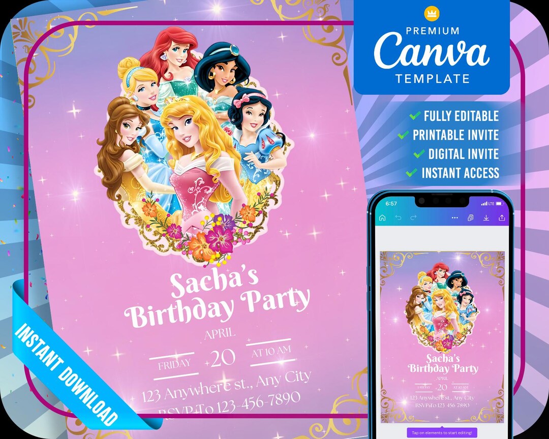 Disney Princess Birthday Invitation Editable and Customizable Template ...
