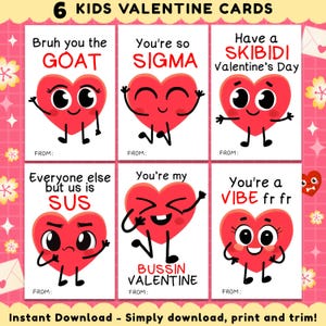 Jargon Valentijnsdagkaarten voor kinderen, Teen Tween School Valentine&#39;s, grappige afdrukbare klaskaarten Valentine, Skibidi, Rizz, Sus, Sigma, Gen Z-kaarten