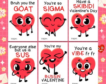 Slang Kids Valentines Day Cards, Teen Tween School Valentine's, Funny Printable Classroom Valentine, Skibidi, Rizz, Sus, Sigma, Gen Z Cards