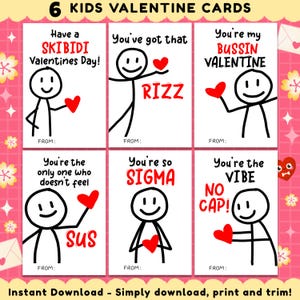 Cartes de Saint-Valentin pour enfants en argot - Cartes de Saint-Valentin pour adolescents et ados imprimables drôles, Skibidi, Sus, Sigma, Gen Z, Stickman Slang Saint-Valentin