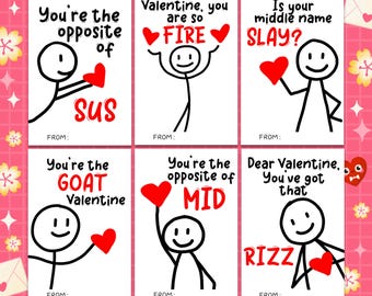 Slang Gen Alpha Valentine Cards, Teen Tween School Valentines, Bruh, Skibidi Valentines, Sigma Valentines, Funny Valentine Day Cards, Rizz