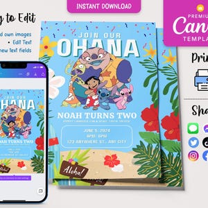 Editable Stitch Party Invite, Lilo and Stitch Birthday Template, Kids Invitation, Digital Printable Download, Girls Birthday Party Card