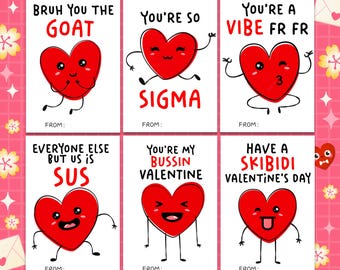 Op de afbeelding: Zes printbare Valentijnsdagkaarten met rode harten met verschillende uitdrukkingen en grappige spreuken. De kaarten zijn ontworpen voor kinderen en bevatten zinnen als "Bruh you the goat", "You're so sigma", "You're a vibe fr fr", "Everyone else but us is sus", "You're my bussin valentine", en "Have a Skibidi Valentine's Day".
