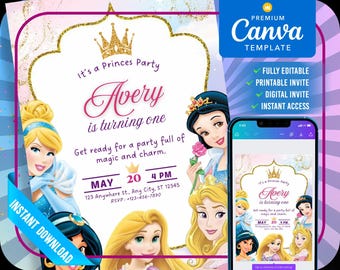Puede incluir: Plantilla digital de Canva para una invitación de fiesta de cumpleaños con temática de princesas. El diseño presenta princesas de Disney, una corona dorada y el texto "Avery cumple un año". Incluye una maqueta de teléfono.