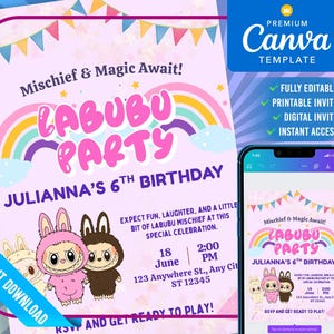 Editable LABUBU Monster Party Invitation Template for Kids Birthday Personalized Digital Download Custom Printable Mobile Invite