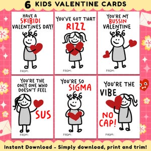 Biglietti di San Valentino per bambini in gergo - Biglietti di San Valentino divertenti per adolescenti e ragazzi, stampabili, Skibidi, Sus, Sigma, Gen Z, Stickman Slang Valentine