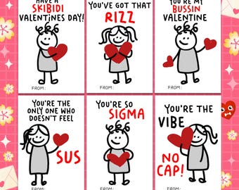 Slang Kids Valentines Day Cards - Funny Printable Tween & Teen School Valentines, Skibidi, Sus, Sigma, Gen Z, Stickman Slang Valentine