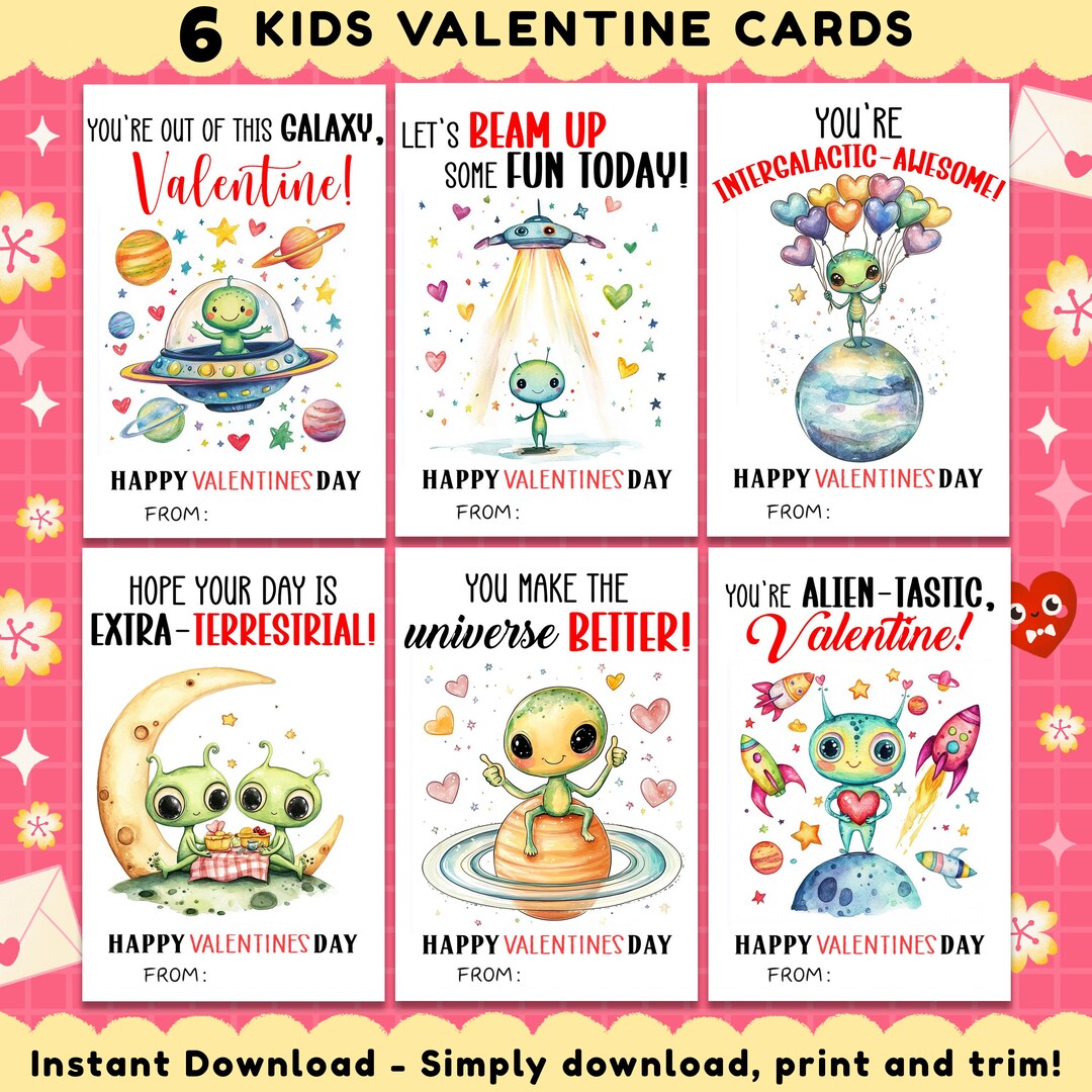 Alien Valentine Cards for Kids, Kids Valentine Cards, Alien Valentine ...