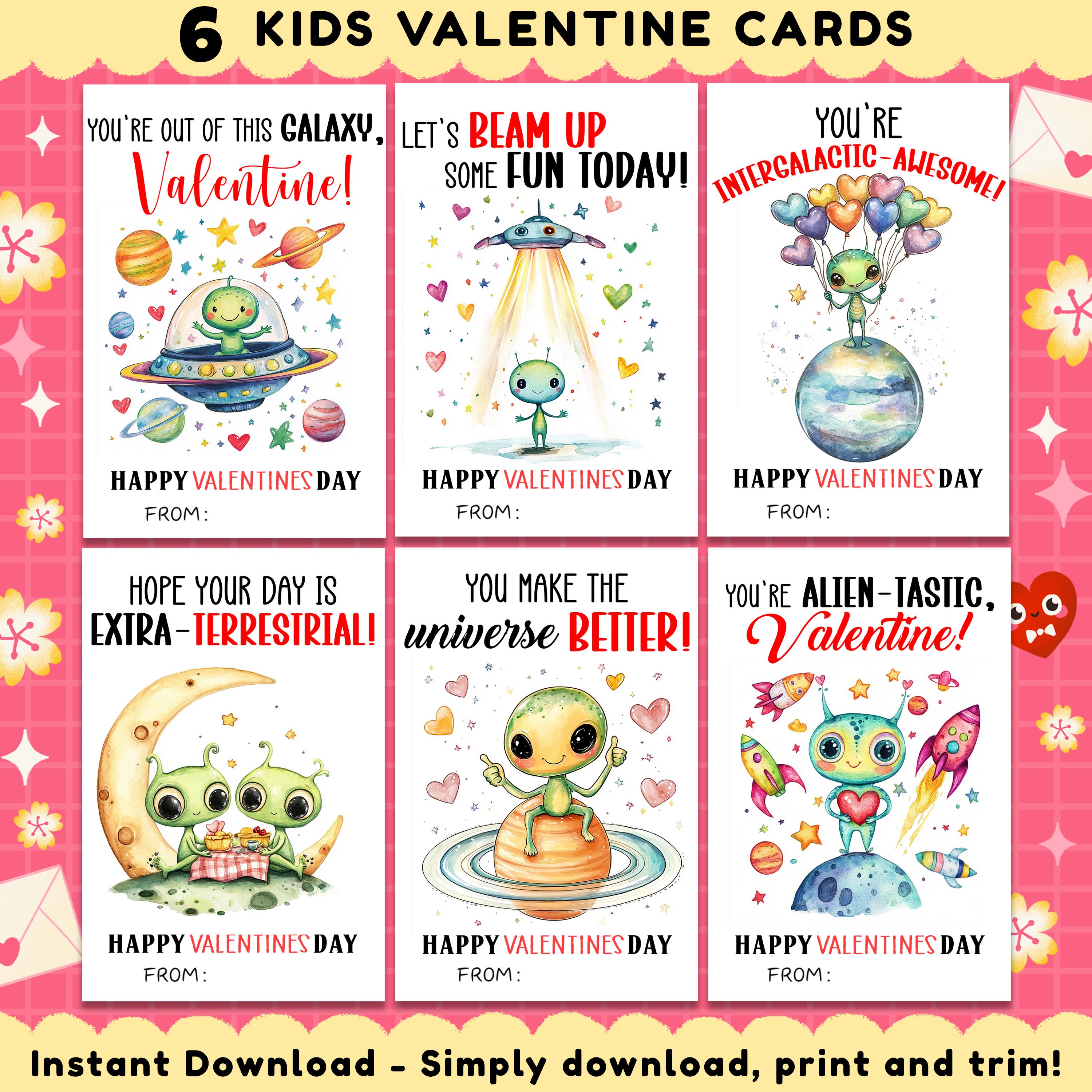 Alien Valentine Cards for Kids, Kids Valentine Cards, Alien Valentine ...