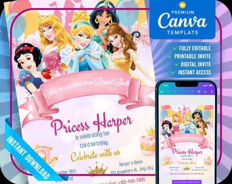 Puede incluir: Una plantilla digital de Canva para una invitación a una fiesta de cumpleaños con temática de princesas. El diseño presenta ilustraciones de varias princesas, una pancarta rosa con texto y un teléfono inteligente que muestra la invitación. La invitación incluye el texto "Princess Harper".