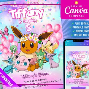Mädchen Pokemon Eevee Geburtstagseinladung, Kinder Eevee Party-Einladung für Mädchen, Eeve Pokemon Geburtstagskartenvorlage, bearbeitbar druckbar