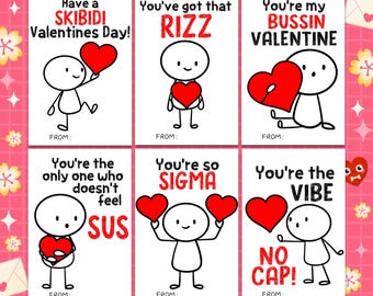 Slang Kids Valentines Day Cards - Funny Printable Tween & Teen School Valentines, Skibidi, Sus, Sigma, Gen Z Cards, Stickman Slang Valentine