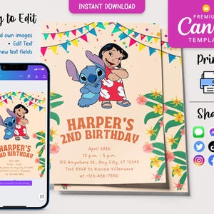Stitch Birthday Invitation, Lilo and Stitch Invite, Editable Digital Card, Printable Template, Kids Party, Instant Download Canva